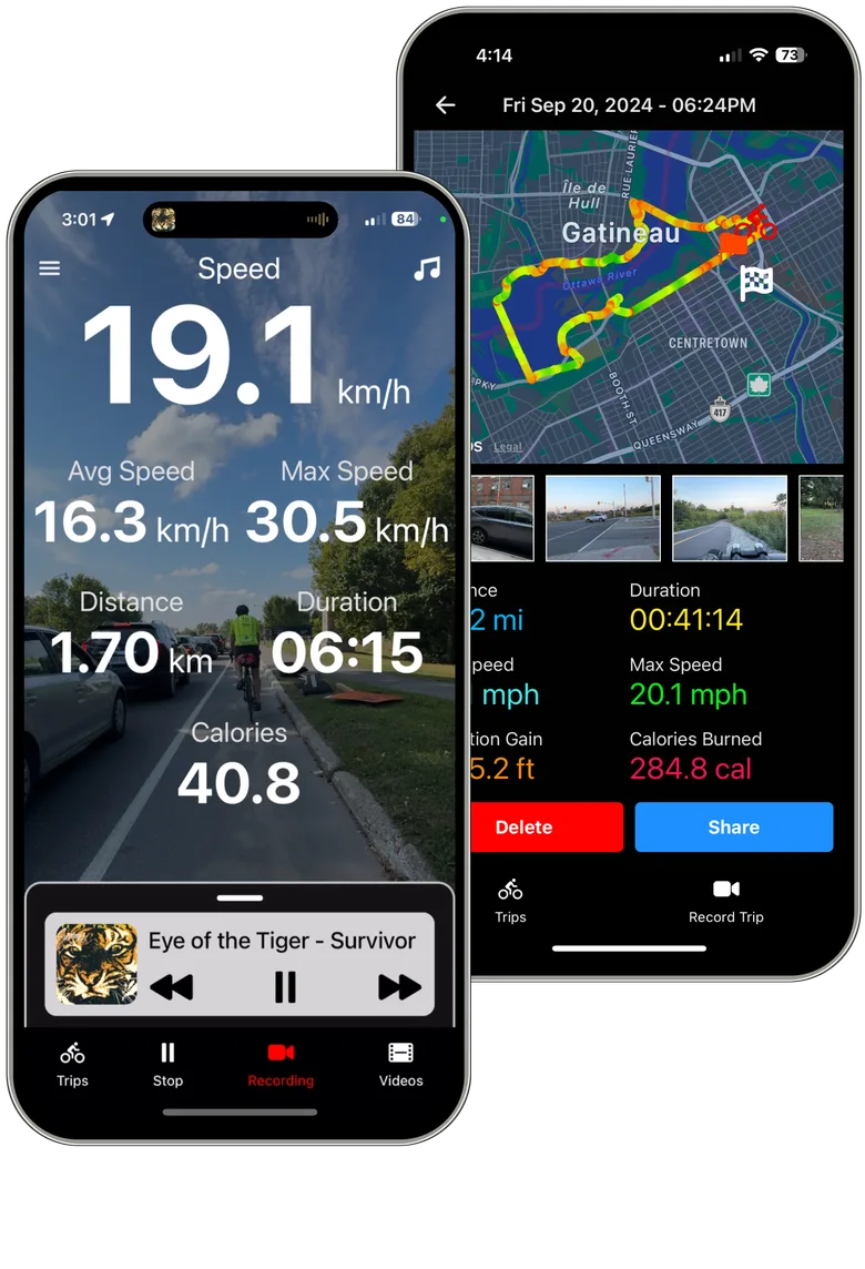 CycleCam on two phones: live speed over the camera view, and a finished trip with its route on a map