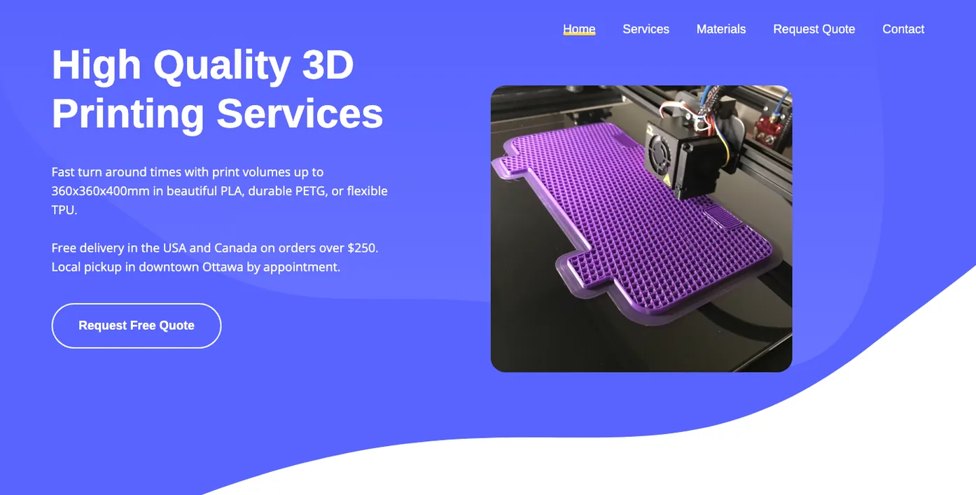 The HQ3D.ca home page, with a Request Free Quote button and a print on the bed of a 3D printer